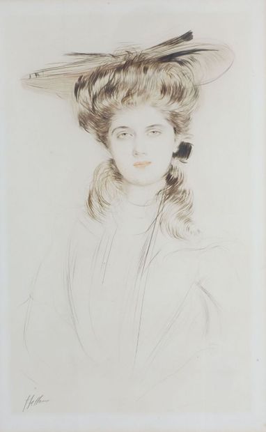 null Paul-César HELLEU (1859-1927)
Young girl in front in a hat. About 1910. Drypoint....