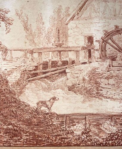 null Hubert ROBERT (Paris 1733-1808)
Un moulin à eau avec une figure sur le pont...