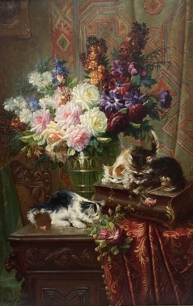 null Max-Albert CARLIER (1872-1938)
Vase fleuri et chatons sur un entablement sculpté
Huile...
