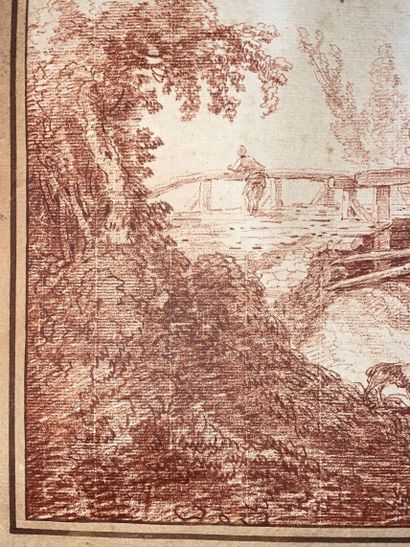 null Hubert ROBERT (Paris 1733-1808)
Un moulin à eau avec une figure sur le pont...