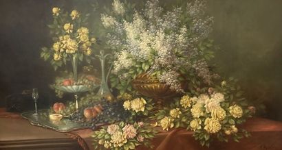 null V. MARLOT (XIX-XXe s.)
Composition aux vases fleuris et au plateau d'argent...