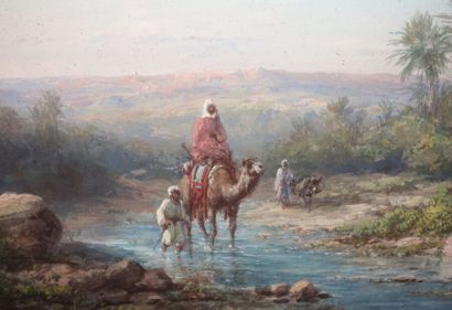 null Paul PASCAL (1832-1903)
Personnages et chameau dans l'oasis
Gouache, signée...