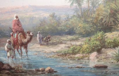 null Paul PASCAL (1832-1903)
Personnages et chameau dans l'oasis
Gouache, signée...