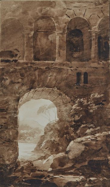 null French school of the 19th century
Ruins in Italy
Brown wash on black pencil...