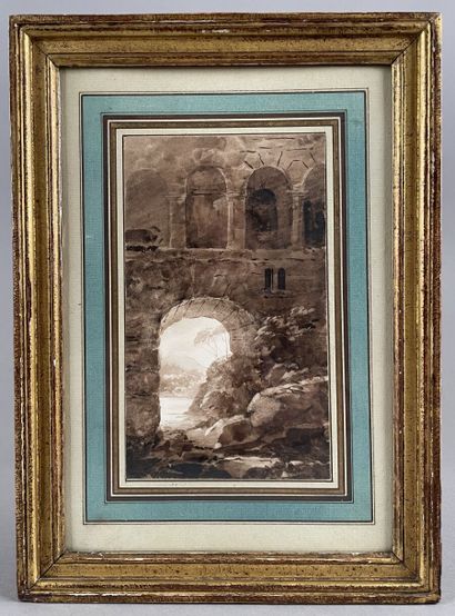 null French school of the 19th century
Ruins in Italy
Brown wash on black pencil...