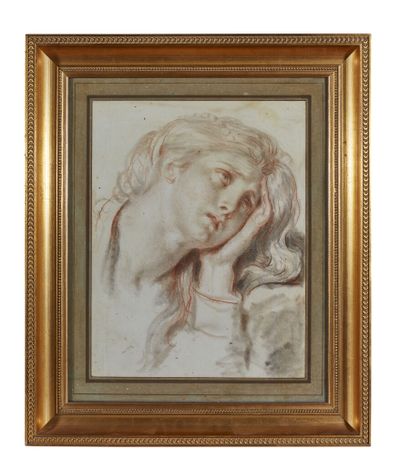 null Jean-Baptiste GREUZE (1725-1805)
Tête de jeune fille appuyée sur sa main
Sanguine...