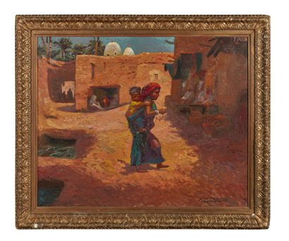 null Jean-Louis PAGUENAUD (1876-1952) 
Woman and child in Morocco
Before 1914
Oil...