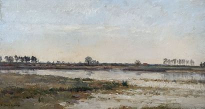 null Pierre-Emmanuel DAMOYE (Paris 1847-1916)
View of a farm by a stream
Oil on panel,...