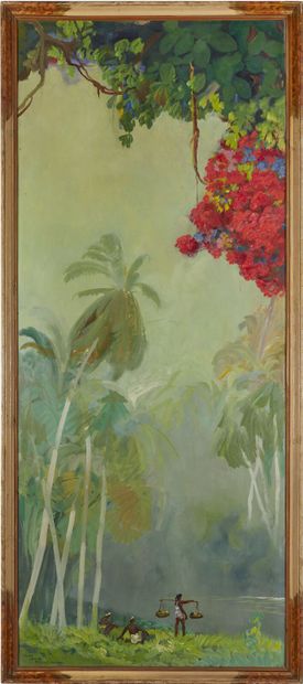 null Jean-Louis PAGUENAUD (1876-1952) 
Indochinese Landscape 
Oil on panel, triptych,...