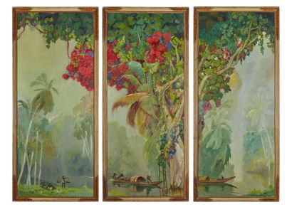 null Jean-Louis PAGUENAUD (1876-1952) 
Indochinese Landscape 
Oil on panel, triptych,...