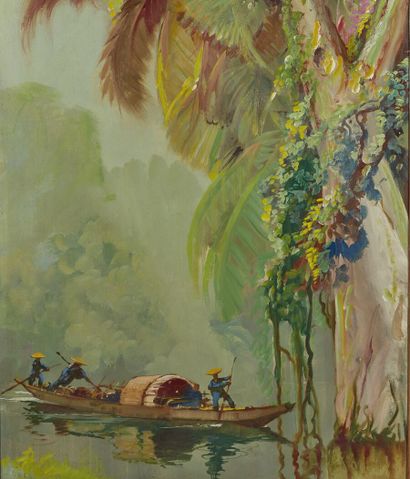 null Jean-Louis PAGUENAUD (1876-1952) 
Indochinese Landscape 
Oil on panel, triptych,...