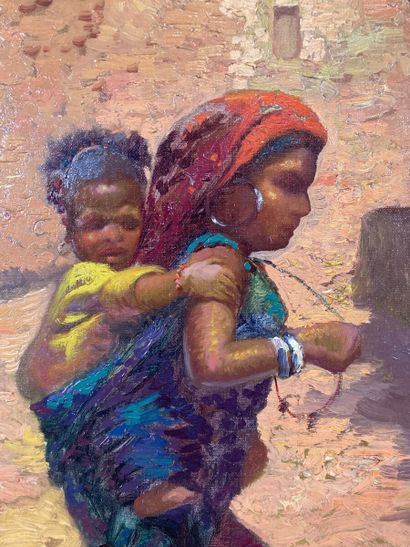 null Jean-Louis PAGUENAUD (1876-1952) 
Woman and child in Morocco
Before 1914
Oil...