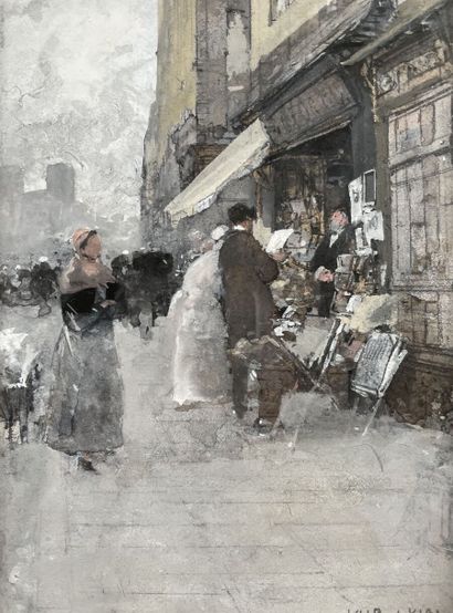null Luigi LOIR (1845-1916)
The print dealer on the quays, near Notre-Dame de Paris
Gouache,...