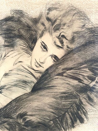 null Dans le goût de Paul-César HELLEU (1859-1927) 
Gravure figurant une femme allongée,...