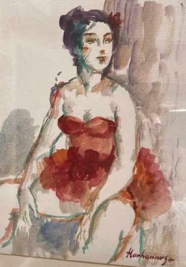 null Haroution HORHANNES (XXe siècle)
Femme à la robe rouge
Encre et aquarelle
Haut....