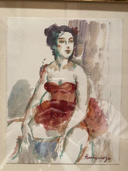 null Haroution HORHANNES (XXe siècle)
Femme à la robe rouge
Encre et aquarelle
Haut....