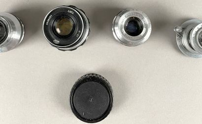 null Set of four miscellaneous lenses, some of them in Cyrillic: Xenar 3.5/50 mm...