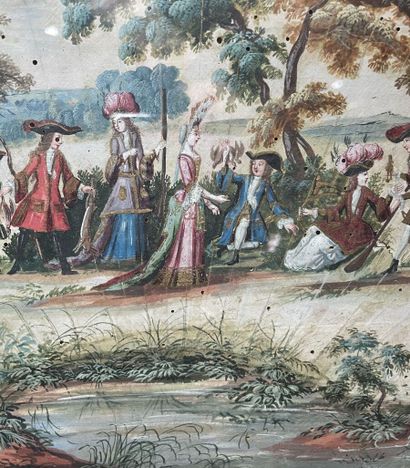 null École française du XVIIe siècle
Scène de chasse 
Éventail mis à plat, aquarelle...