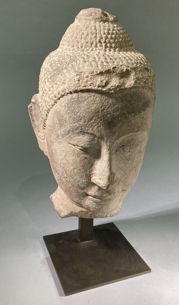 null THAILANDE - XVe siècle
Grande tête de bouddha en grès gris les yeux mi-clos,...