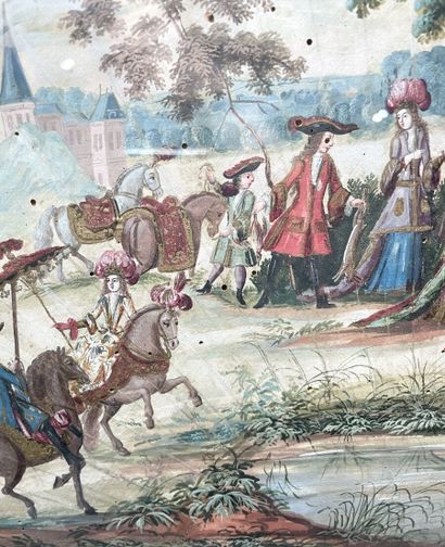 null École française du XVIIe siècle
Scène de chasse 
Éventail mis à plat, aquarelle...