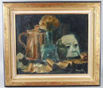 null André FOY (1886-1953)
Composition au masque 
Huile sur panneau, signée en bas...