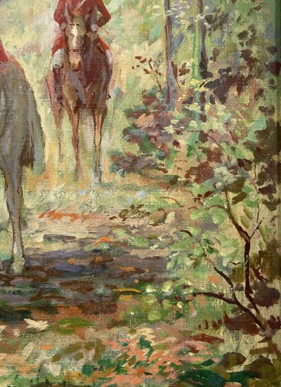 null DE MARTINO (XXe siècle) 
Cerfs dans un sous-bois ; Cavaliers en forêt 
Deux...