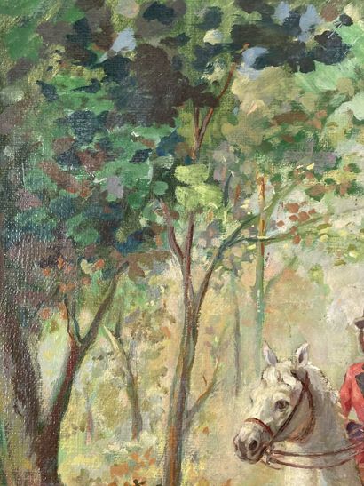 null DE MARTINO (XXe siècle) 
Cerfs dans un sous-bois ; Cavaliers en forêt 
Deux...