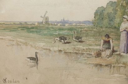 null Paul-Frédéric-Léo COULON (1830-1897)
Lavandières, oies et canards au bord de...