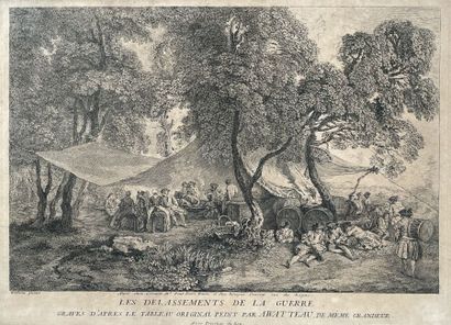 null D'après Antoine WATTEAU (1684-1721)
Les délassements de la guerre
Eau-forte
(Usures,...