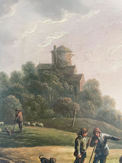 null David TENIERS (1610-1690), dans le goût de 
Personnages et chien dans un paysage...