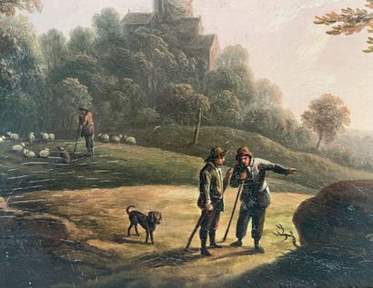 null David TENIERS (1610-1690), dans le goût de 
Personnages et chien dans un paysage...