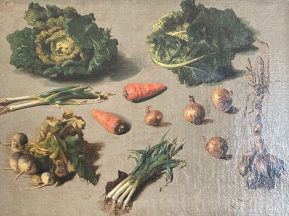 null Dans le goût du XIXe siècle
Études de légumes
Toile 
Haut. : 29 cm ; Larg. :...