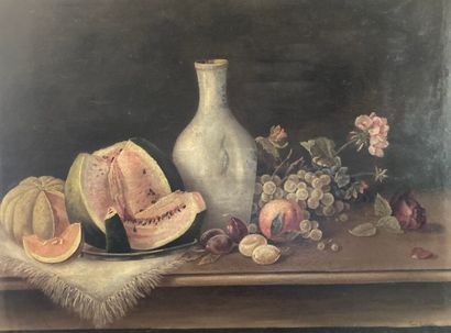 null Fanny LAVIGNE (XXe siècle)
Nature morte au vase et à la pastèque
Toile, signée...