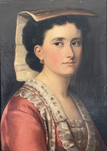 null École de la fin du XIXe-début du XXe siècle 
Portrait de femme à la coiffe traditionnelle...