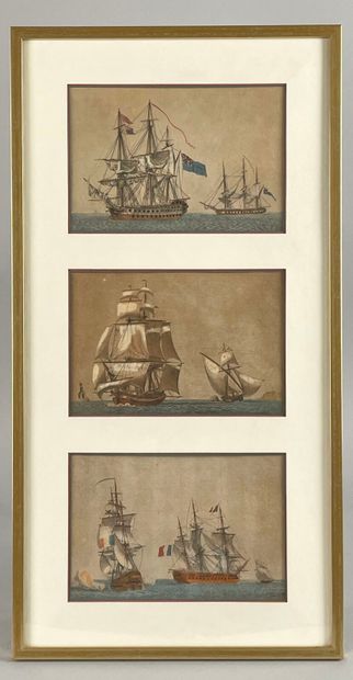 null Réunion de trois gravures rehaussées représentant des navires
Haut. : 12,5 cm...
