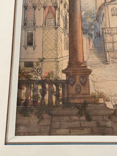 null École italienne du XIXe siècle 
Vue d'une place 
Aquarelle
Haut. : 26 cm ; Larg....