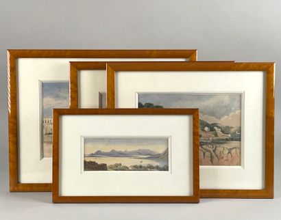 null Lot comprenant quatre aquarelles de paysages
Haut. : 7,6, 16, 17 et 18,5 cm...