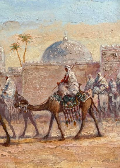 null Armand FOUQUET (1904-)
Personnages et chameaux devant une ville 
Huile sur panneau,...