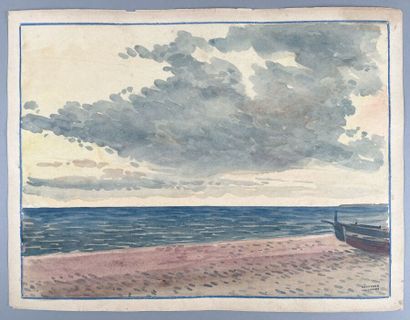 null Tony MINARTZ (1870-1944)
Ciel nuageux, plage rosée et barque
Aquarelle, porte...