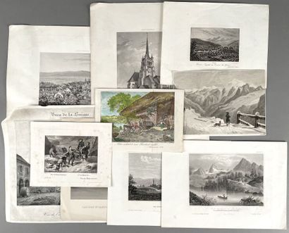 null Lot de dix gravures ou reproductions, une en couleurs, dont vues de Suisse
(Rousseurs,...