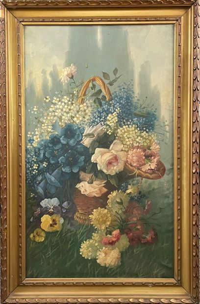 null J. ESTÈVE (XIX-XXe siècles)
Panier de fleurs dans un paysage
Huile sur toile,...