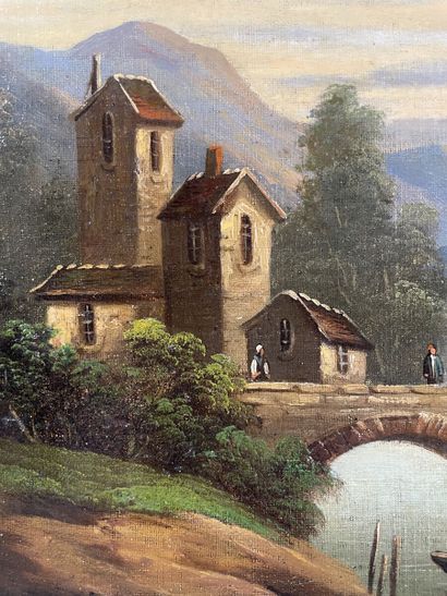 null École anglaise du XIXe siècle
Paysage animé, rameurs et personnages sur un pont
Toile,...
