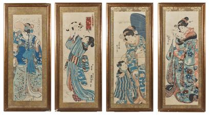  Ensemble de quatre double oban tate-e :
Utagawa Kuniyoshi (1797-1861)
Oiran lisant... Gazette Drouot