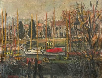 null Pierre-Marie GUILLIN (1907-1989)
View of a port
Oil, signed lower left
(Gondolée.)
Height...