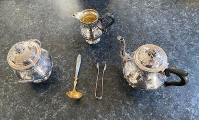 null Silver plated coffee pot, milk jug and sugar bowl, sugar tongs and sprinkling...