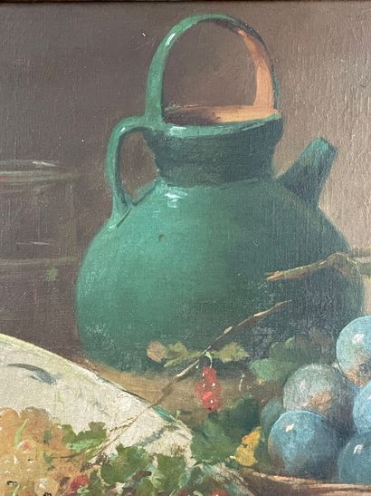 null J. BUBEL
Still life with grapes, blueberries and cherries on an entablature
Oil...