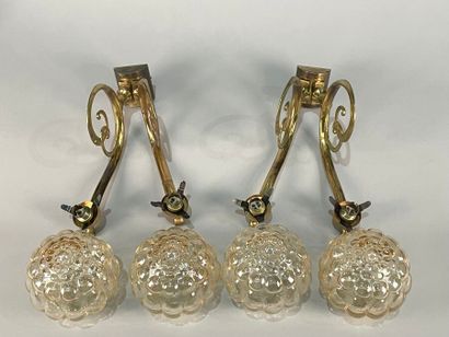 null Pair of brass sconces with two arms, scrolled base, colored glass globes.
Depth:...