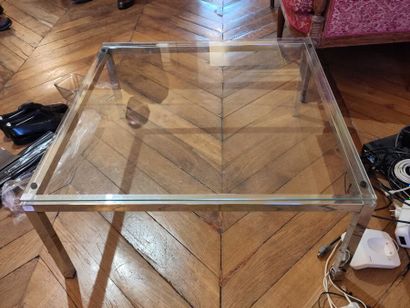 null Square chrome-plated metal coffee table, glass top 
(Wear.)
Height 31 cm; Sides:...