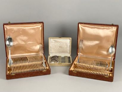 null Three cases containing twelve pieces of silver-plated flatware, twelve pieces...