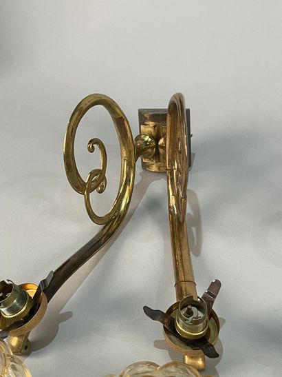 null Pair of brass sconces with two arms, scrolled base, colored glass globes.
Depth:...
